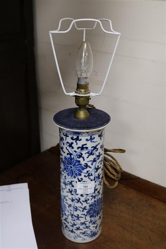 A pair of Chinese blue and white vases, mounted as lamps